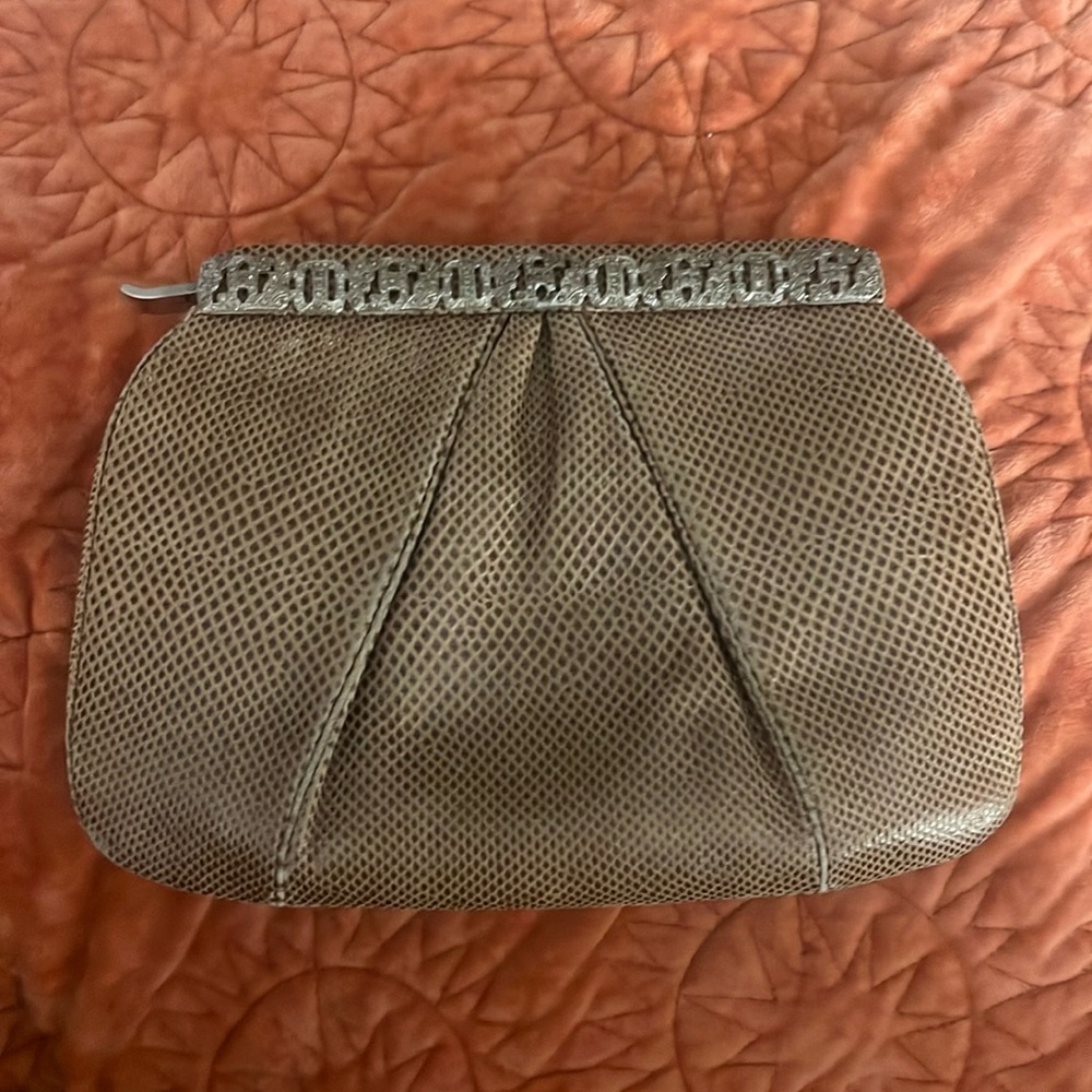 Vintage taupe snakeskin Judith Leiber clutch w/strap